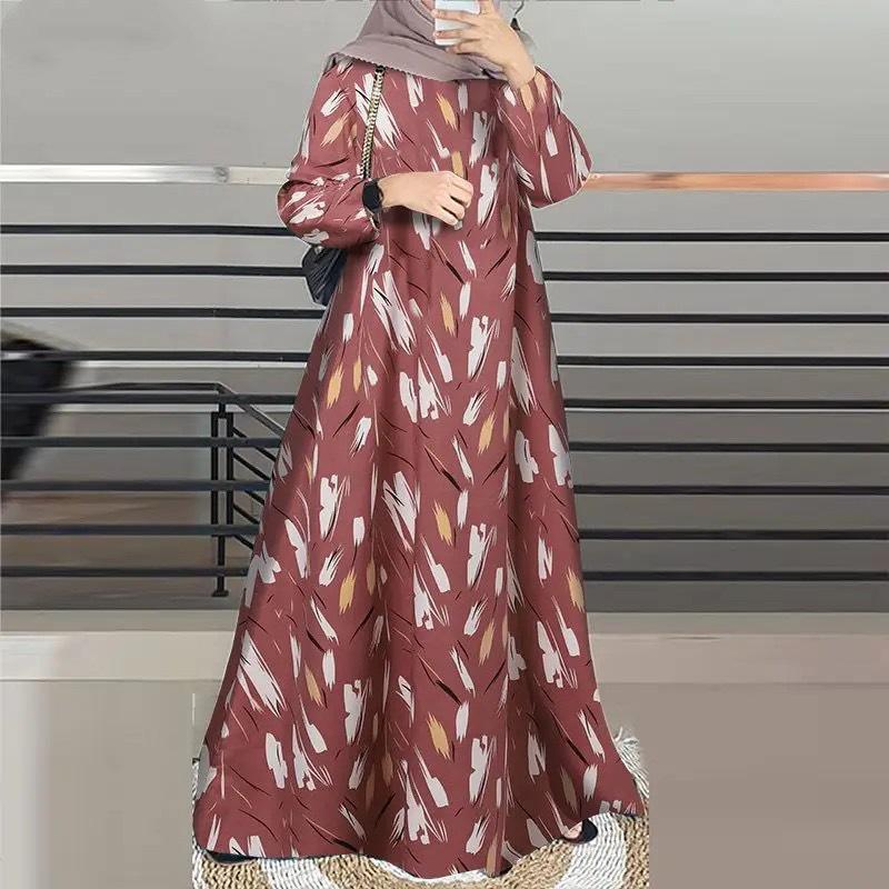 Spot Cross-Border New Printed Middle Eastern Muslim Malay Long Sleeve Round Neck Dress