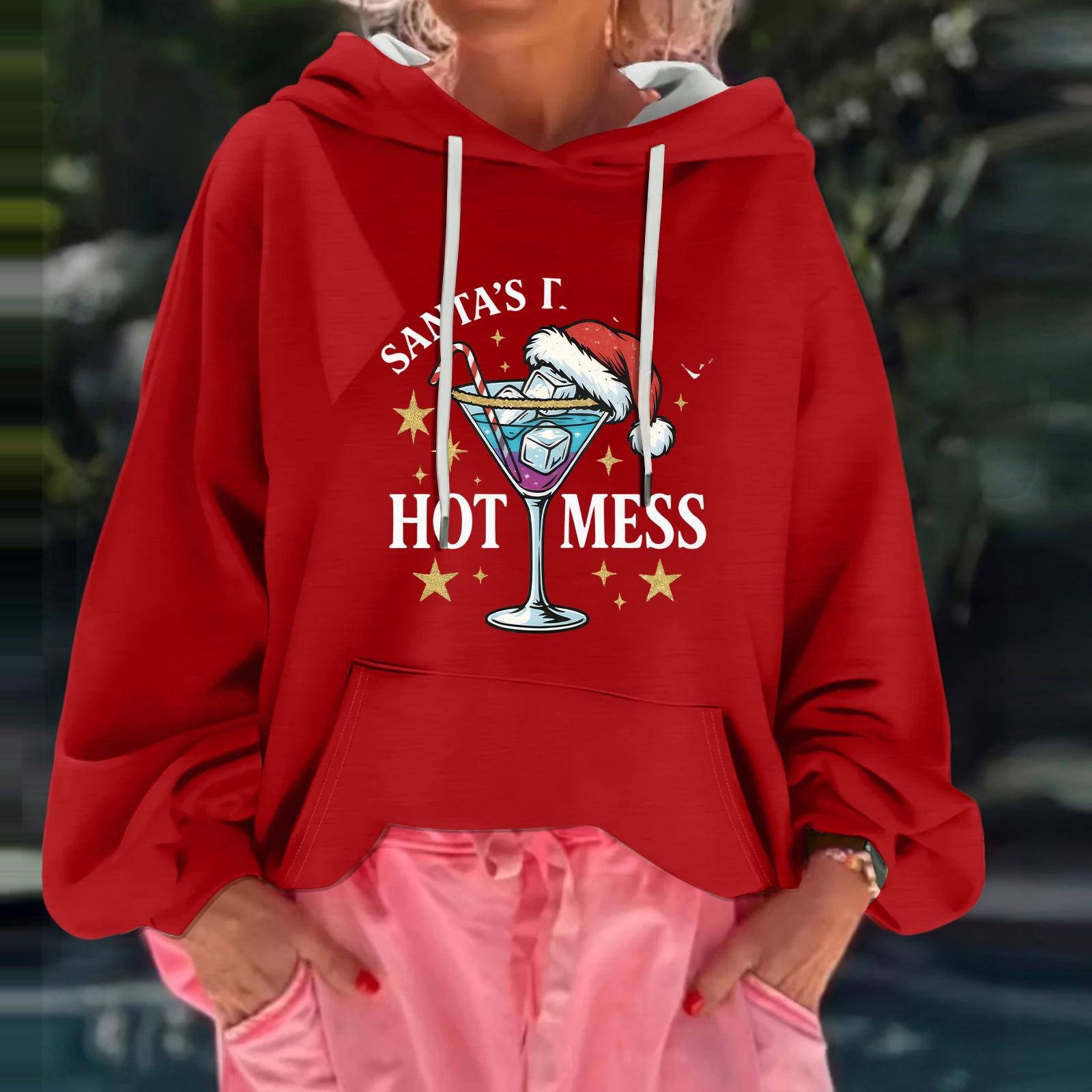

Женский рождественский принт, свободный повседневный худи с длинным рукавом и капюшоном XXL красный