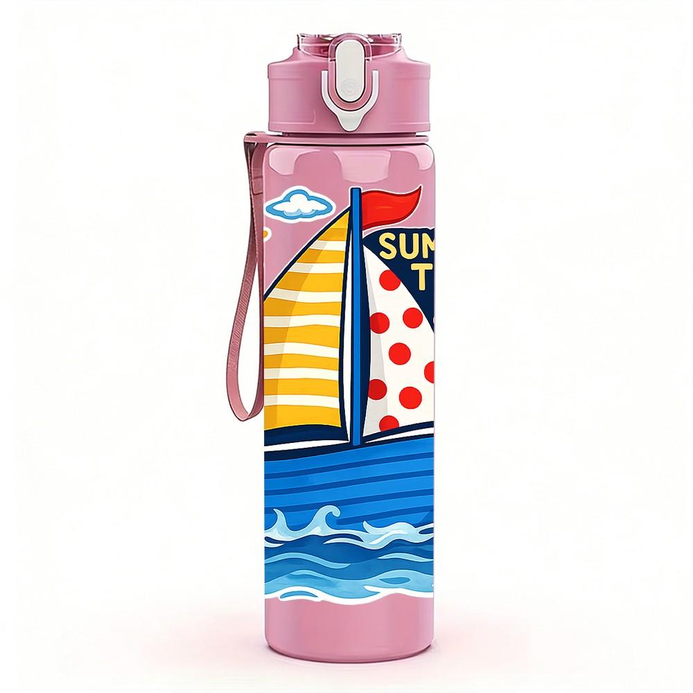 1PC Sailboat Ocean Sunny Scene Print 750ml Color Plastic Sports Water Bottle Leakproof Flip Straw Lid Suitable for Sports Office Home Use