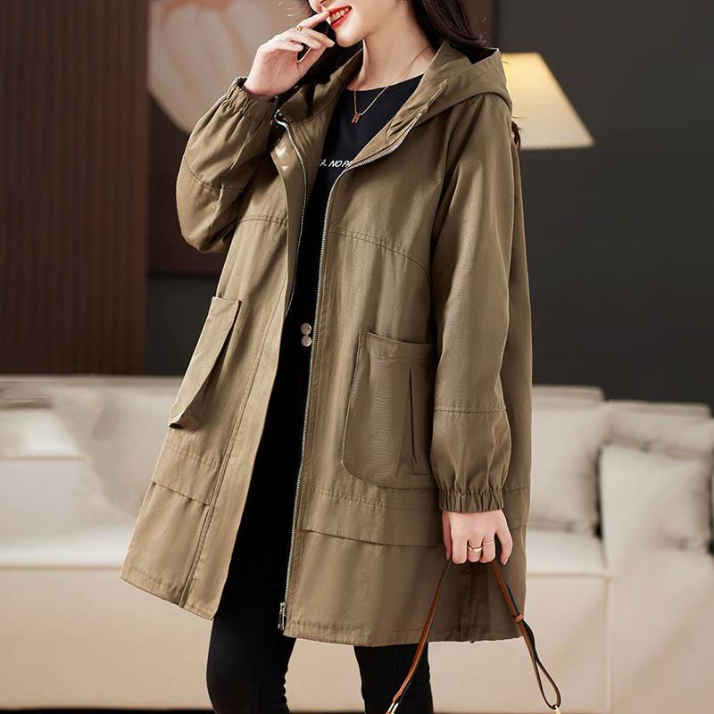 Large Size Women Hooded Trench Coat Jacket Medium-length Loose Casual Versatile Coat