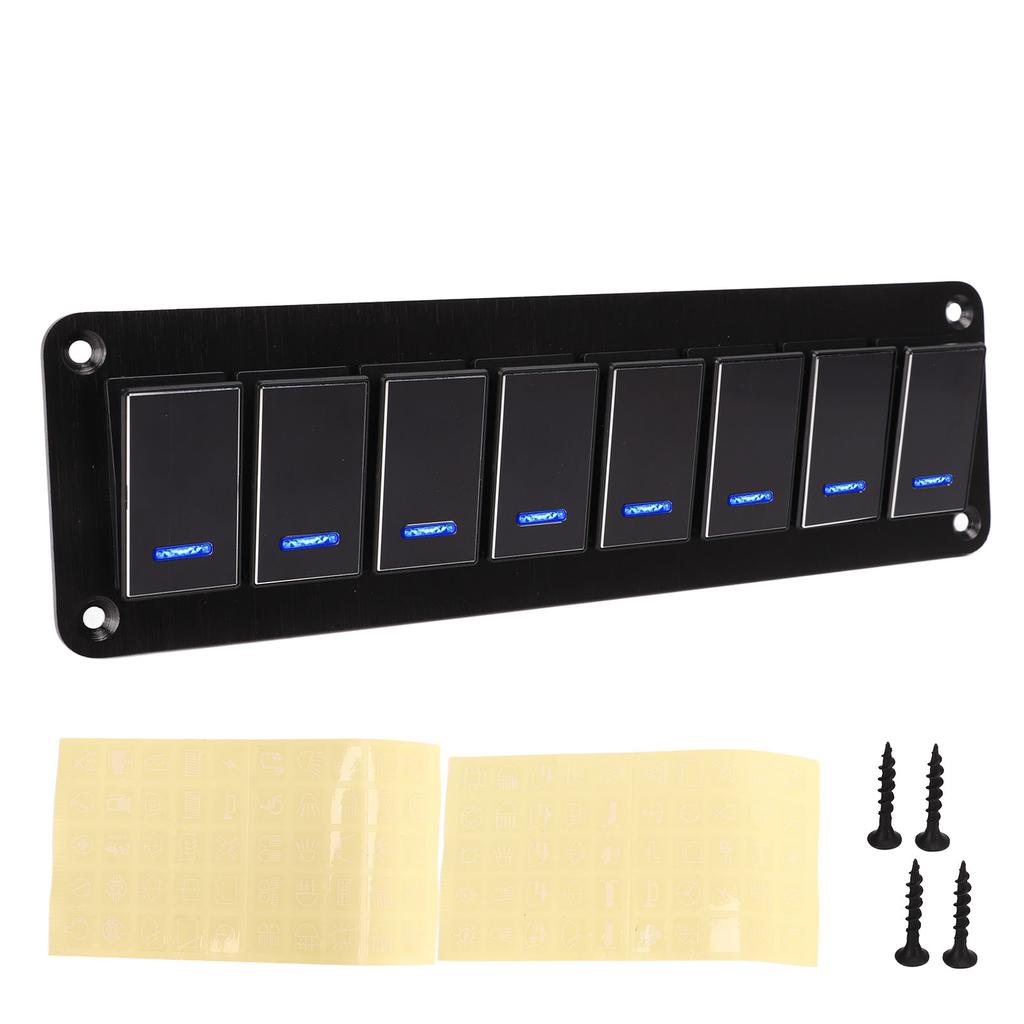 8 Gang Rocker Switch Panel 12‑24V Aluminum Alloy 3 Pin Blue LED Toggle On Off Light Control for Car RV Motorcycle Bus