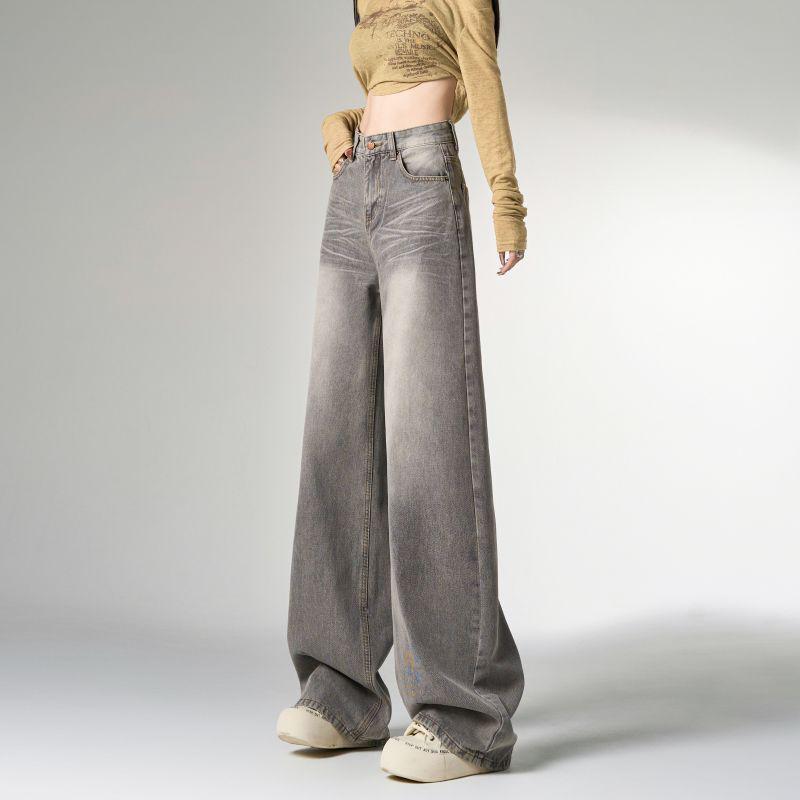 Women s Retro Wavy High-Waisted Wide-Leg Denim Pants in Mocha Grey Extra Small