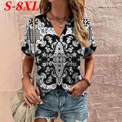 S-8XL Plus Size T Shirt For Women V-Neck Short Sleeve Tops Tees Summer Casual Women's Clothing Pullover Streetwear