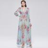 Summer Holiday Gorgeous Flower Beach Dress Women Deep V-Nek Long Sleeve Floral Print High Elastic Waist A-Line Maxi Dress