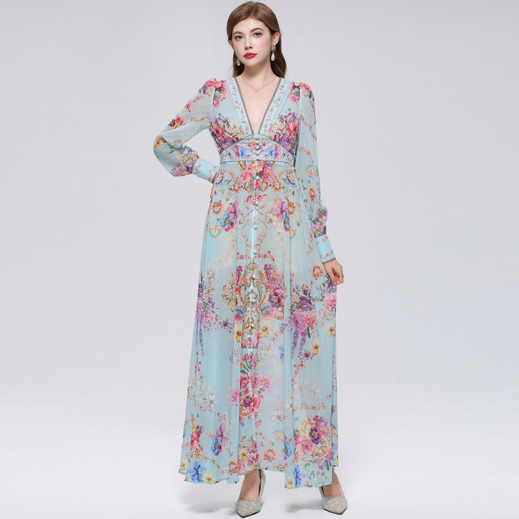 Summer Holiday Gorgeous Flower Beach Dress Women Deep V-Nek Long Sleeve Floral Print High Elastic Waist A-Line Maxi Dress