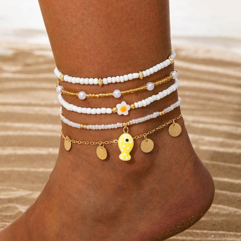Accessories Bohemian Iron Disc Pendant Rice Bead Anklet Multi-layer Beach Foot Decoration Set