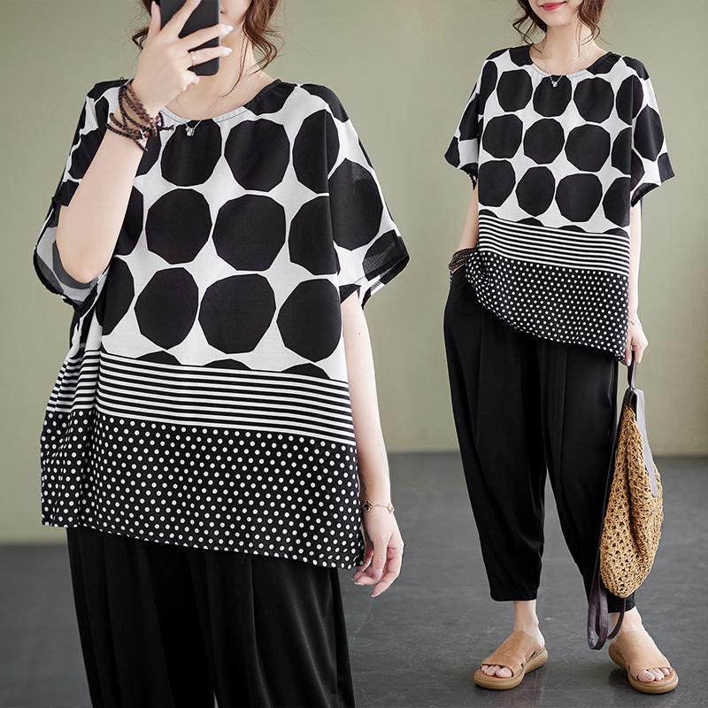 2023 Striped Polka Dot Print Plus Size Round Neck T-Shirt One Size