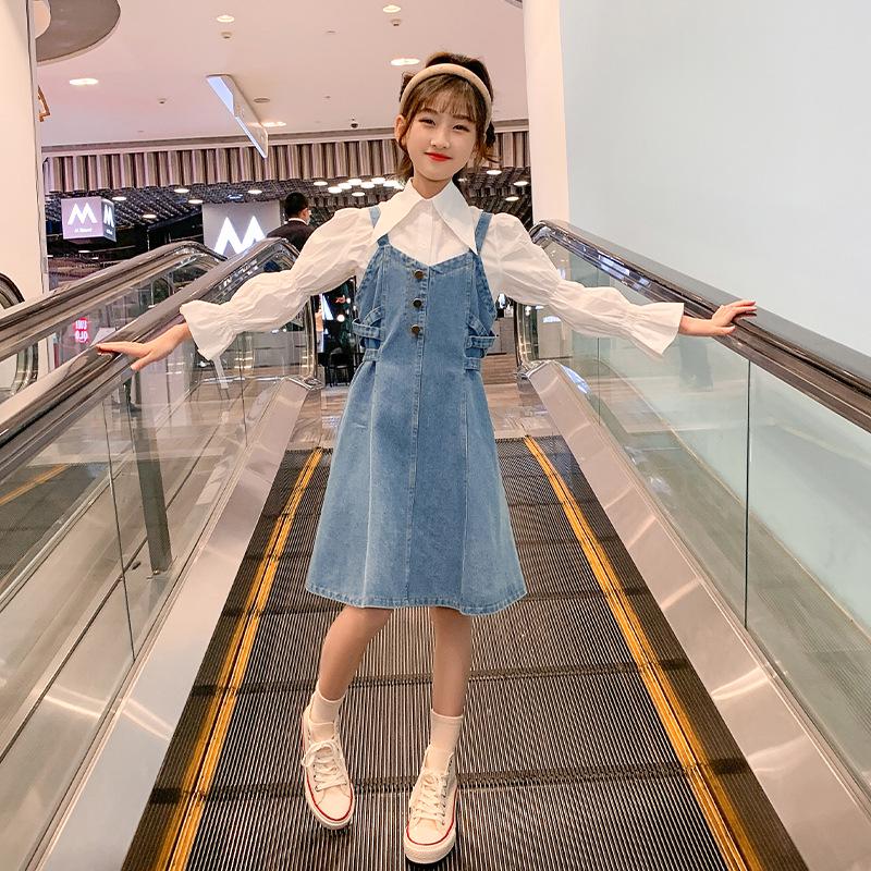 Girls' Spring 2025 Denim Skirt & Shirt Set - Big Kids Korean Style Two-Piece Overalls