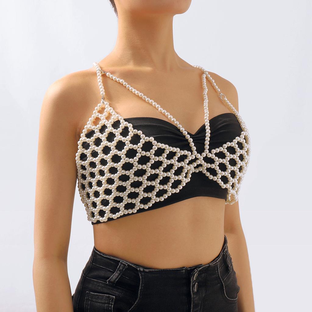 Fashionable Pearl Vest Trendy Hand-woven Body Chain Sexy Hollow Bikini Style Chest Ornament