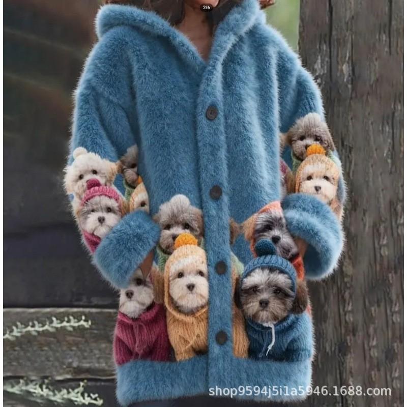 Womens 3D Cat Print Hooded Cardigan Sweater Coat Long Sleeve Thick Casual Outerwear