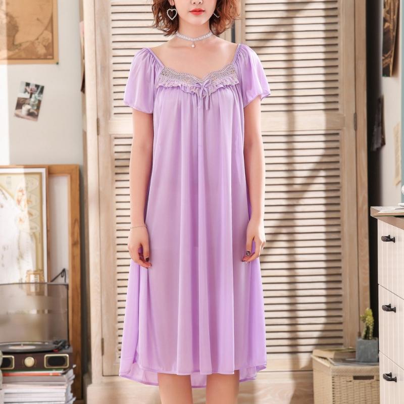Women's Ice Silk Nightgown Sleepwear Round Neck Nightie Short Sleeves Nightshirt Summer Sleepwear Nightdress Sleep Dress
