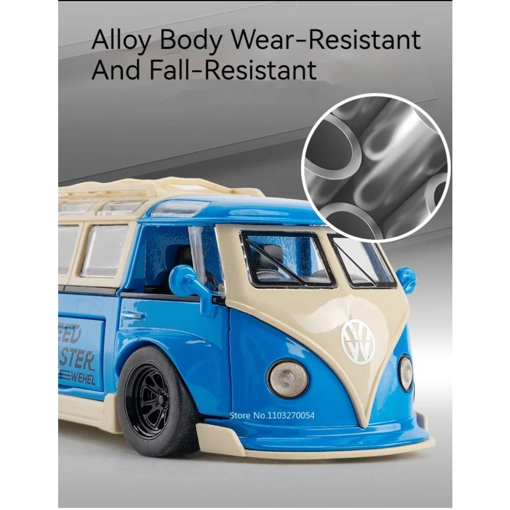 1/32 Scale VK Bus Transporter Model Car with Surfboards Convertible Camping Van, Zinc Alloy Pull Back Toy Car with Sound and Light for Kids Gift