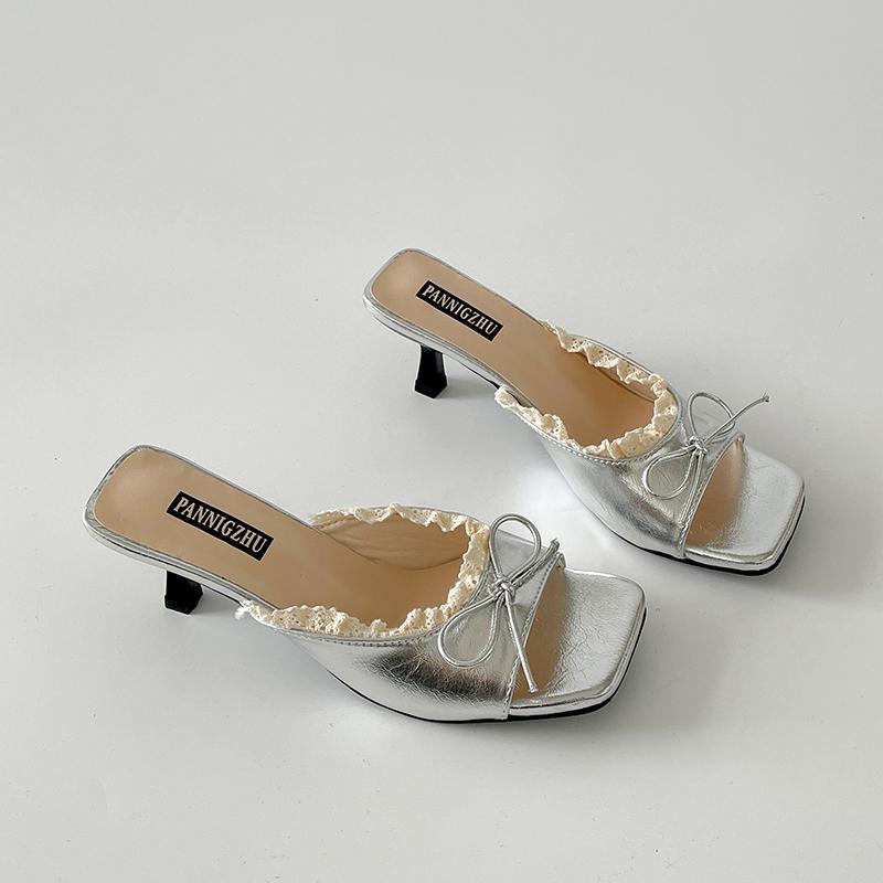 

Летние женские шлепанцы на высоком каблуке с цветочным принтом, модные банкетные слайды с бантом-бабочкой, женская обувь Zapatos De Mujer 35 серебряный