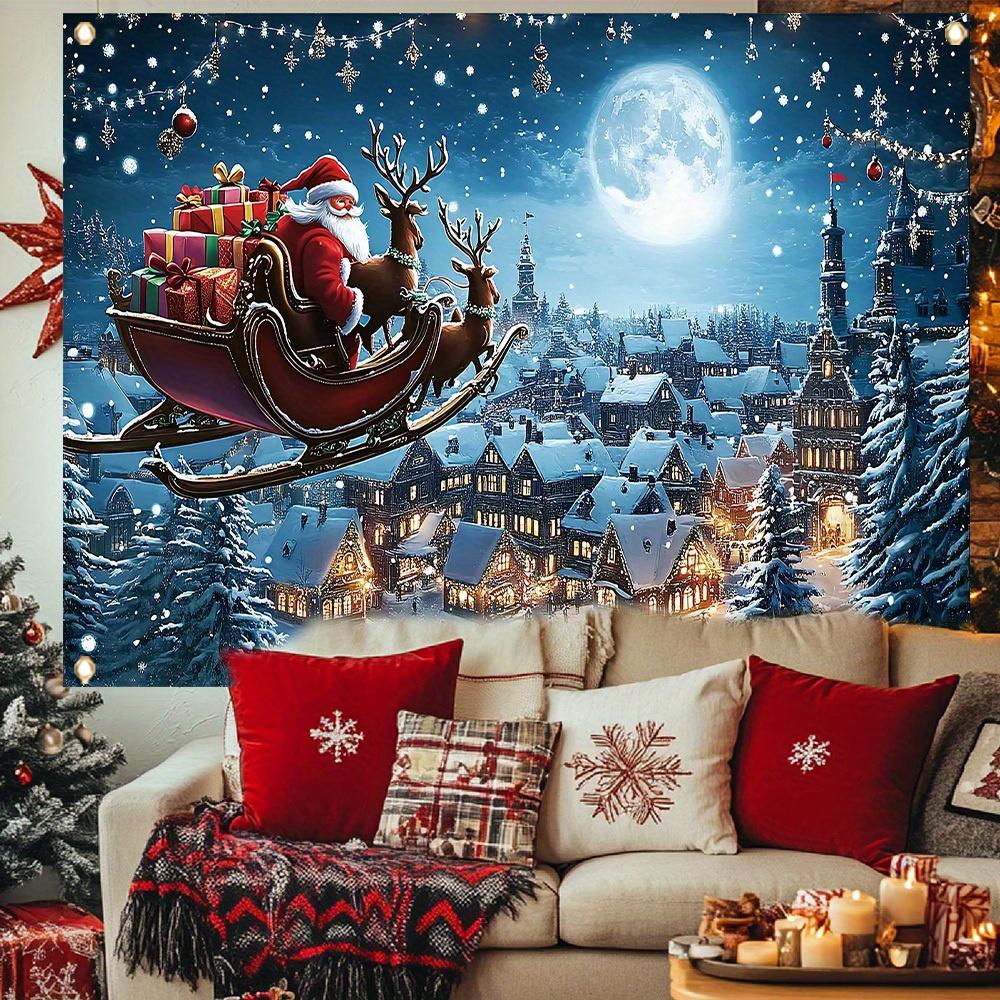 Bannière plate 2D 1 pièce Thème de Noël Ciel nocturne bleu Motif Père Noël Décoration murale pour la fête d'hiver du Nouvel An