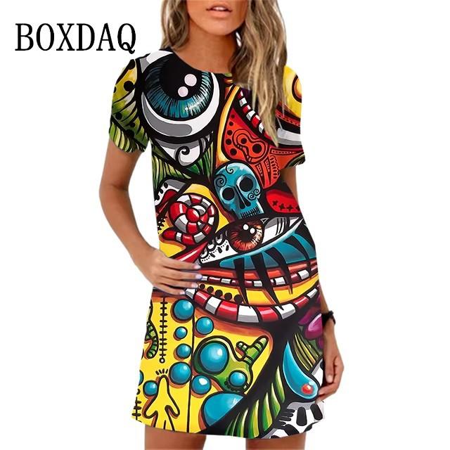 Elegante Abito Midi da Donna a Maniche Corte Moda Stampa 3D Taglie Forti Abbigliamento da Spiaggia