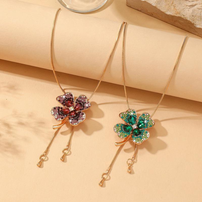 Elegant Shimmering Crystal Four-Leaf Clover Sweater Necklace