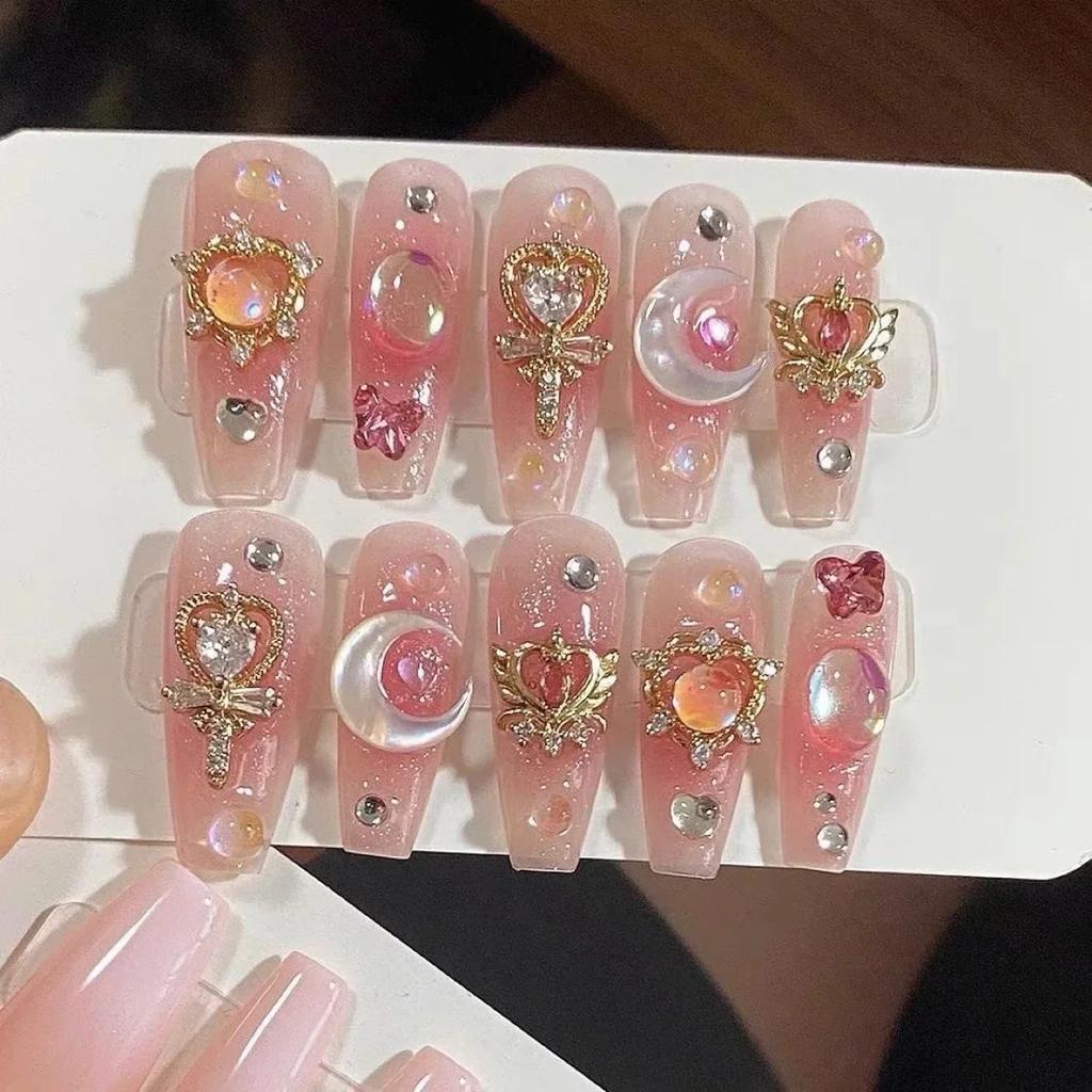 10pcs Y2K Black Pink Grid Press On Nails 3D Star Heart Halo Dyeing Coffin Shape Long Fake Nail Tips