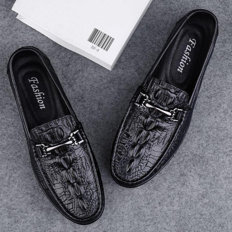 Flat-soled casual shoes men's summer crocodile pattern lazy one-pedal beanie shoes lightweight soft-soled British leather shoes