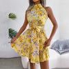 Spring Summer Women Halter Neck Sleeveless Temperament Lace Up Ruffled Floral A Line Short Dress S-XXL