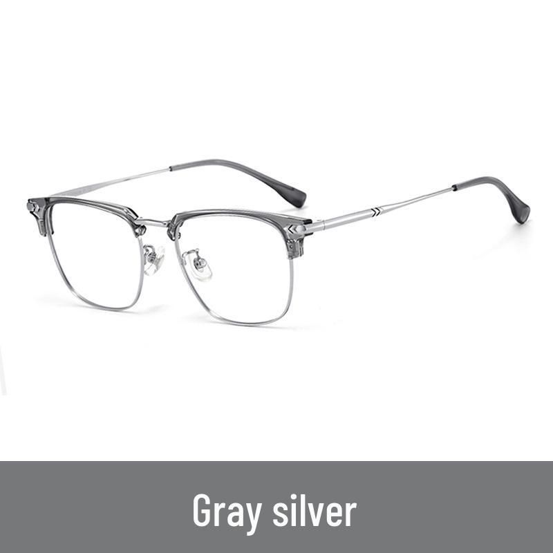 Women's Ultra-Light Pure Titanium Cat-Ear Half-Rim Glasses Frame, Transparent Gray, Prescription-Ready, Anti-Blue Light, Unisex.
