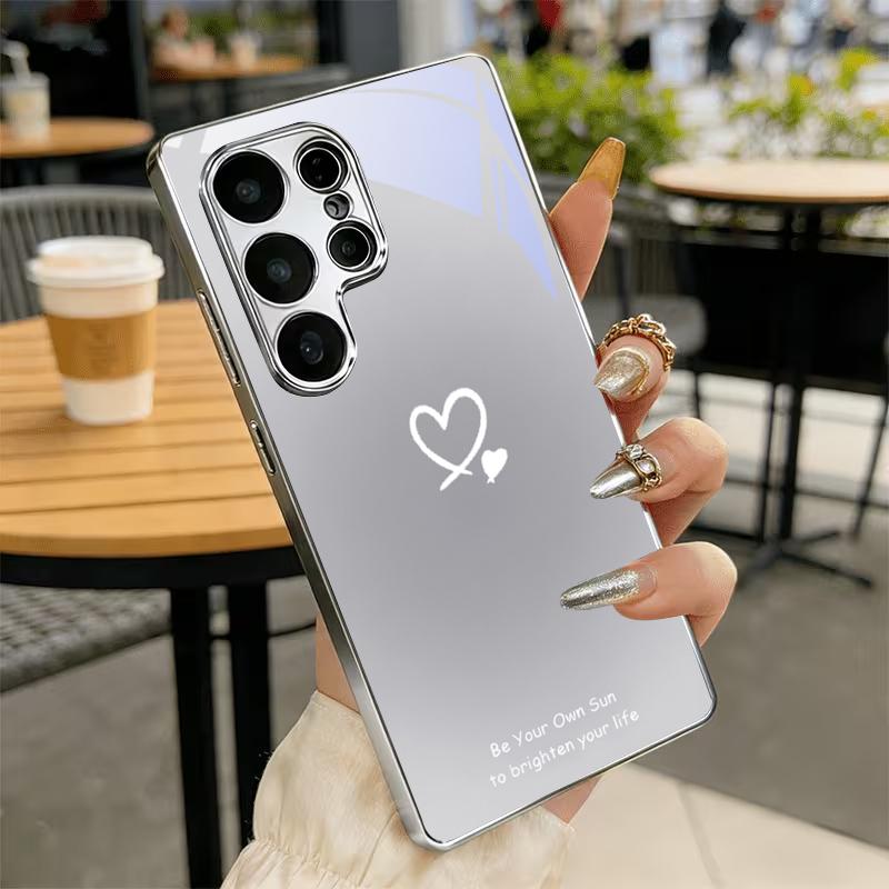 Line Art Love Heart Electroplated Silver Phone Case For Samsung S24 S21 20 Ultra S22 FE S23 Plus S25 S26 Note 10 20 Glass Cover