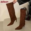 Mode Mode Dünne Absätze Schuhe Party Damen Kniehoch Moderne Stiefel Weiblich Spitze Zehen Flock Damen Lange Stiefel Slipper Schuhe Pumps