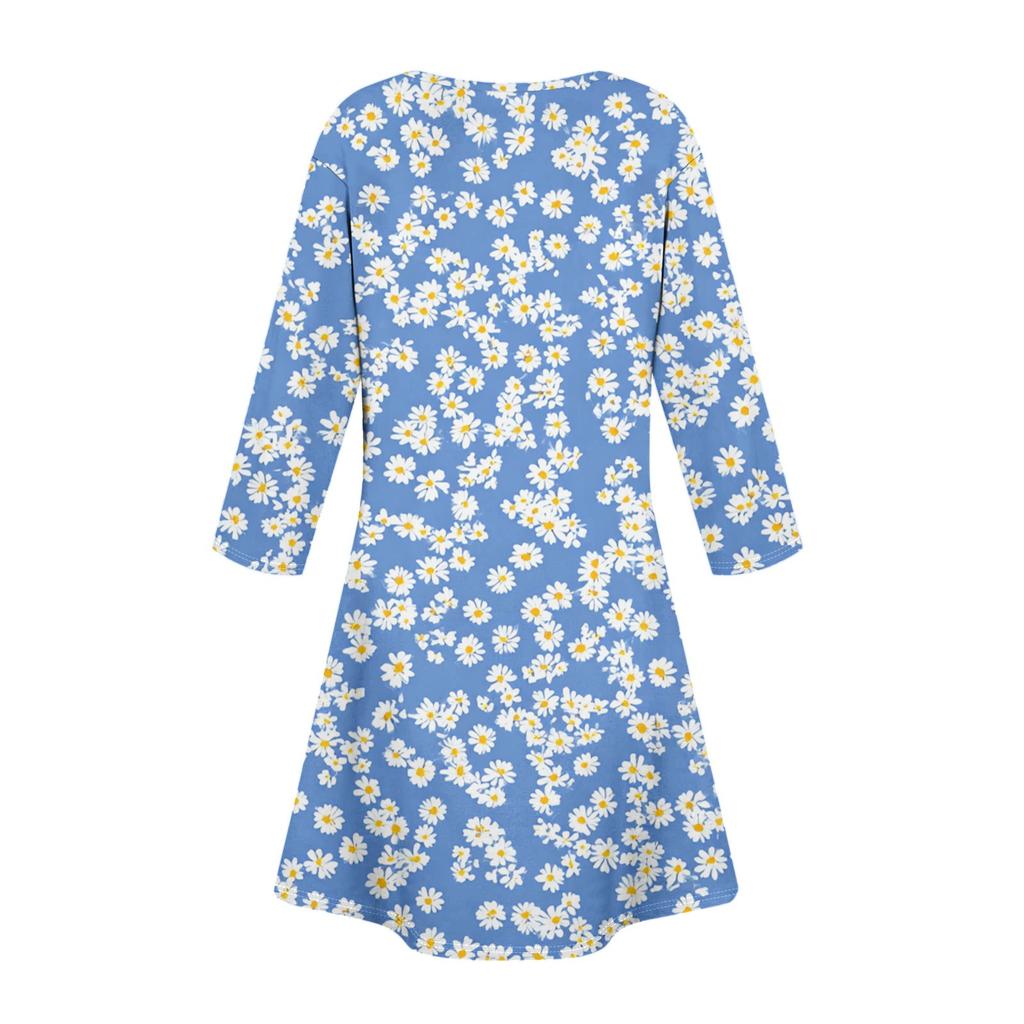 Women's Fashionable V-Neck Button Seven Part Cuff Pocket Floral Dress