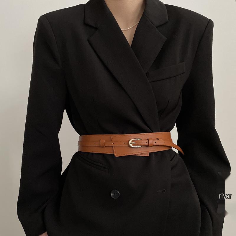Wide Waistband Double Strap Belt with Retro Metal Buckle for Women - Leather Accessory for Autumn/Winter Coats & Suits