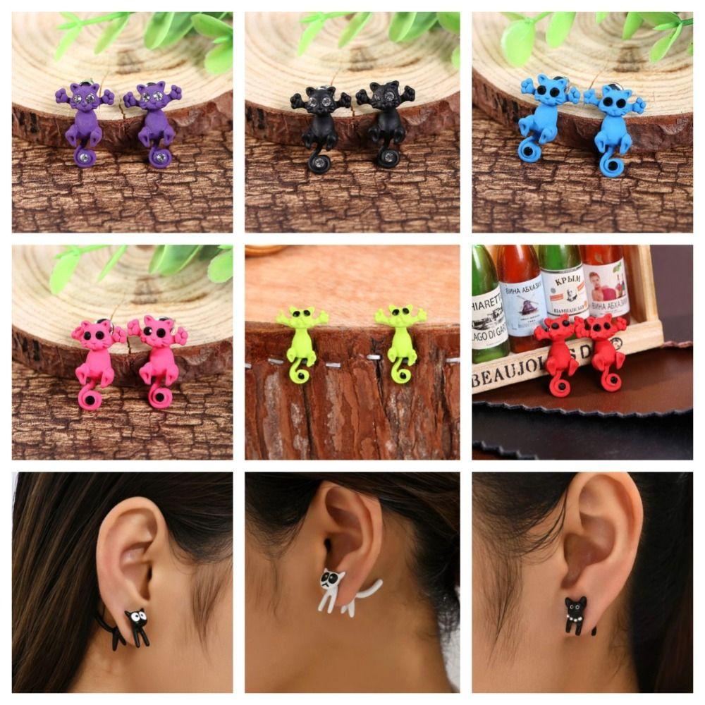 Korean Cat Earrings Multicolor Pearl Ear Studs Fashion Zircon Jewelry  Hipster