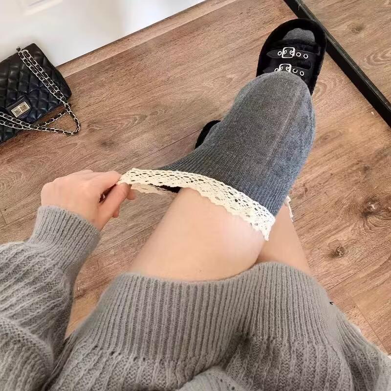 Women's Autumn/Winter Lace Patchwork Thigh-High Socks - Slimming, Solid Color & Vertical Stripes