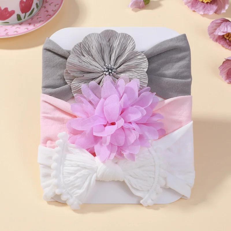 

3pcs/set Multicolor Big Flower Bowknot Headband for Baby Girls Sweet Nylon Turban Elastic Hair Bands Newborn Hair Accessories
