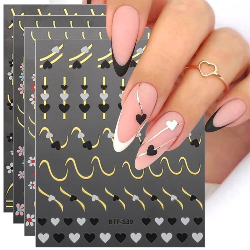 Flower Nail Stickers,Adhesive 3D Nail Decals Lines Heart Nail Art Stickers Summer Nail Design Nail Art Accessories