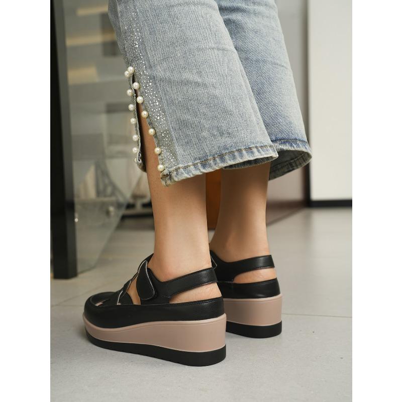 Women's Summer Hollow Wedge Thick-Soled Closed-Toe Roman Sandals, Retro Style, Available In Large Sizes.