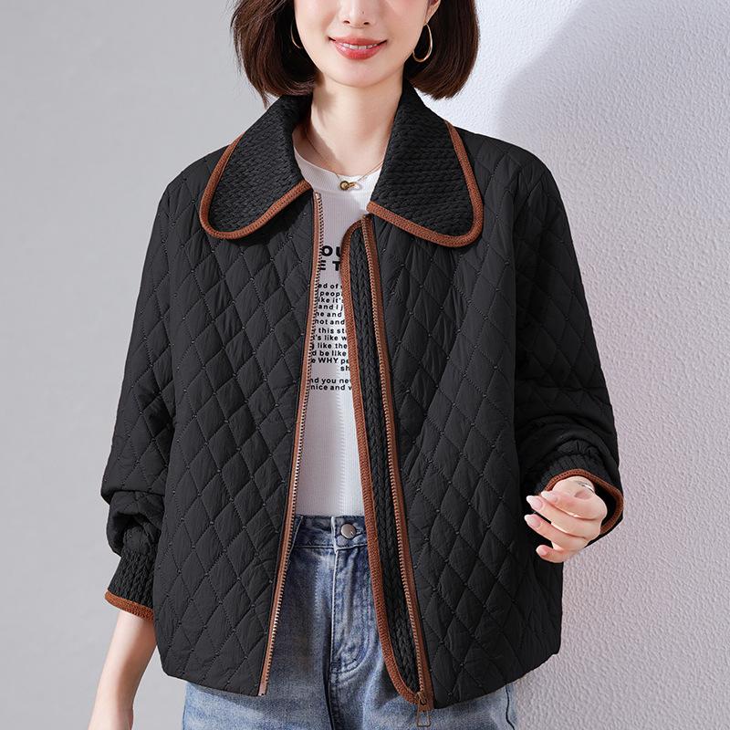 Women's Short Quilted Diamond Cotton Jacket - 2024 Autumn/Winter Casual Loose Fit for Middle-Aged Women