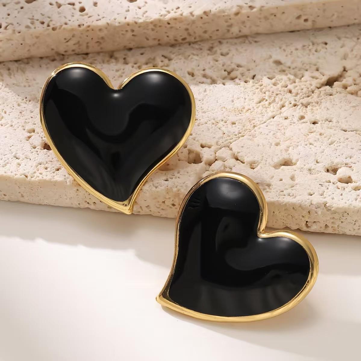 French Fashion Geometric Heart Stud Earrings for Women - Colorfast 304 Stainless Steel Jewelry чёрный