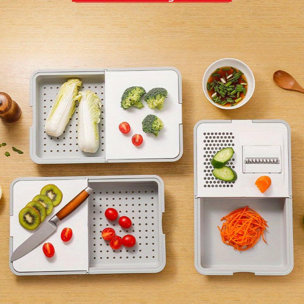6 in 1 Multi Functional Kitchen Cutting Board with Stainless Steel Slicer, Draining Basket , BPA Free Plastic, Dishwasher Safe, Non-Slip Base