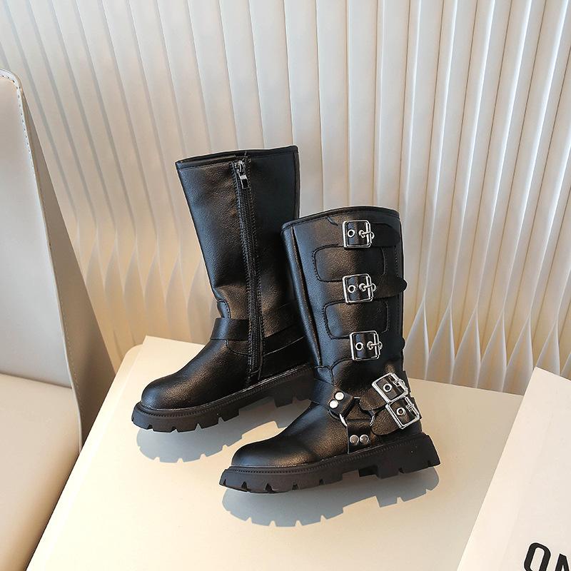 Spring Autumn Kid's Boot Long High Versatile Girl Fashion Black Leather Boots Solid Color Causal Children Catwalk Boots Non-slip