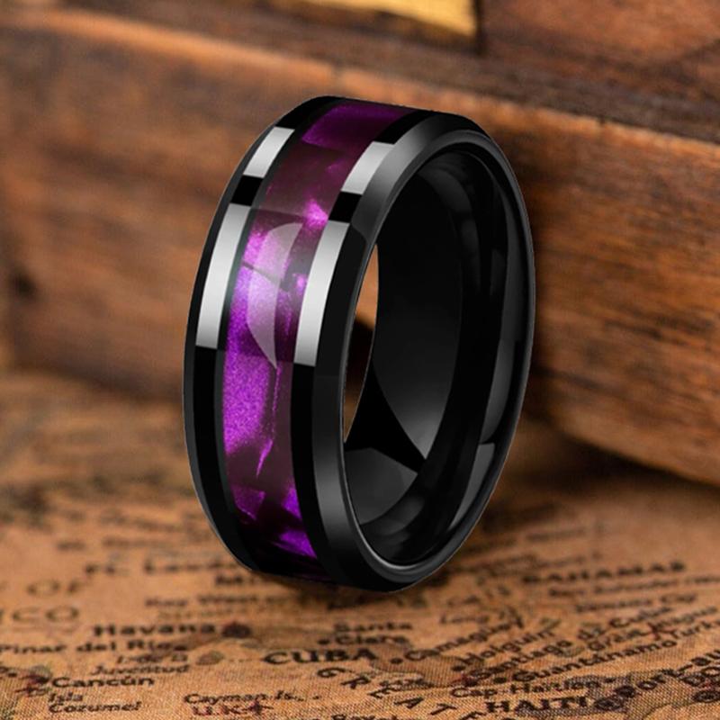 Fashion 8mm Black Stainless Steel Rings for Men Women Purple Abalone Shell Inlay Rings High Polished Men Wedding Party Jewelry