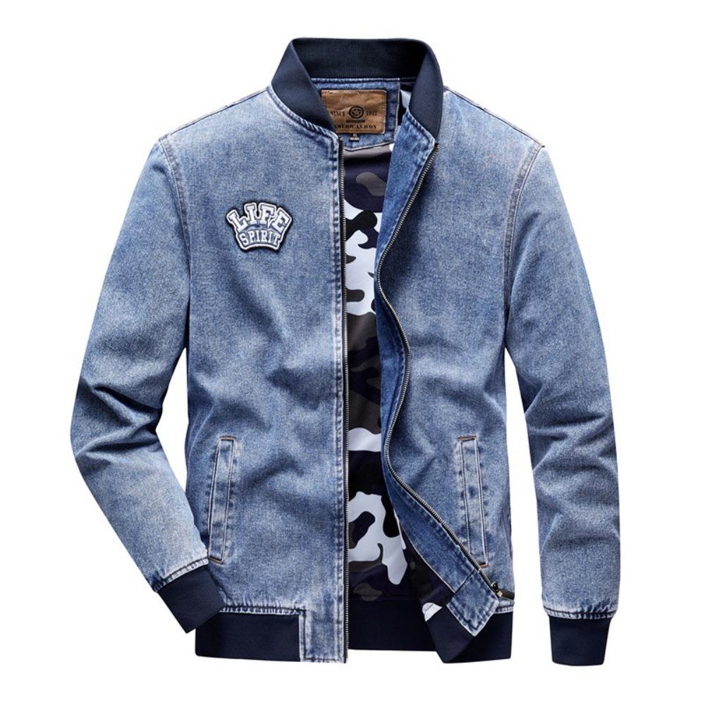 Spring Autumn Men's Pilot Jacket Denim Coat Washed Retro Motorcycle Style Baseball Coat