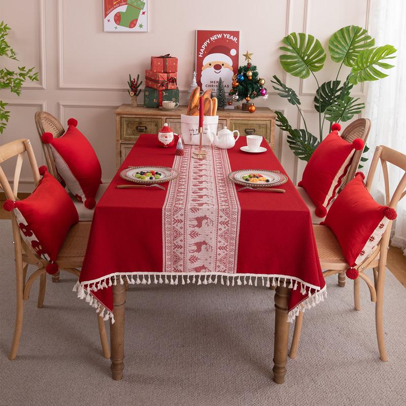 Red Christmas Deer Christmas Ball Polyester Jacquard Retro Fringed Tablecloth Coffee Table Dining Table Cloth Cover Towel