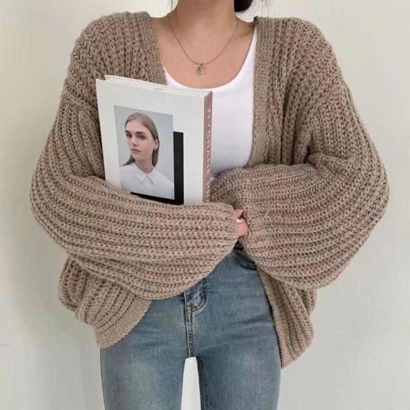Thick Knit Women's Lantern Sleeve Cardigan - Solid Color, Versatile Autumn/Winter Sweater