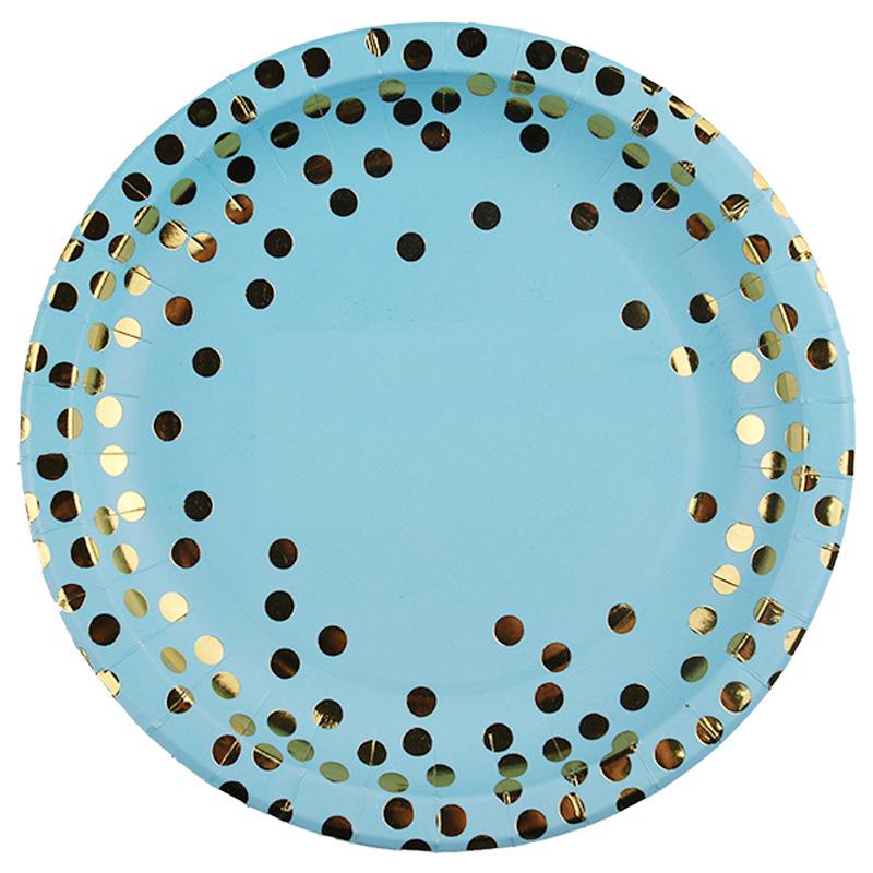 Blue and Gold Polka Dot Birthday Tableware Set: Disposable Dinner Plates, Dessert Plates, Cups, and Napkins