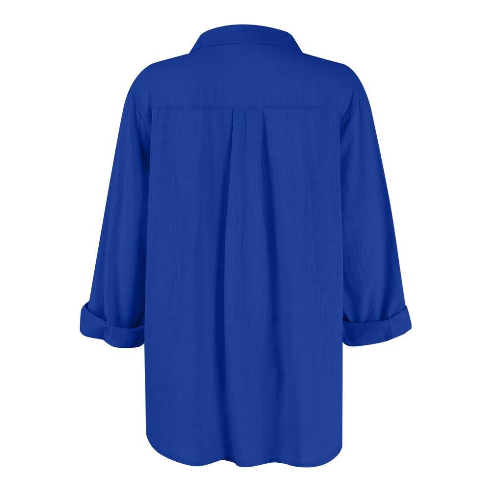 Camicia da Donna in Cotone e Lino Manica Lunga Collo a Revers Bottoni Camicia Colorata
