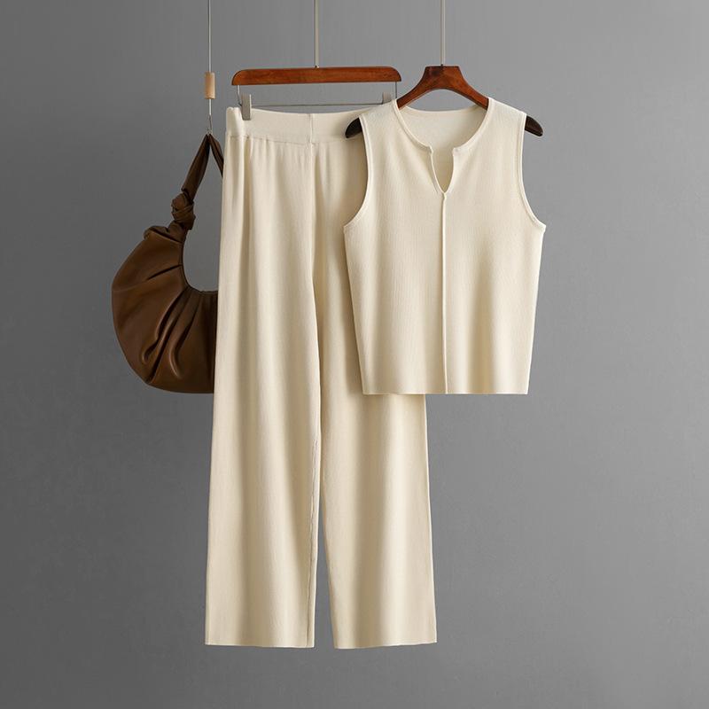 Summer New Simple Sleeveless Knitted Top Fashion Suit Casual Wide-leg Pants Two-piece Set Women