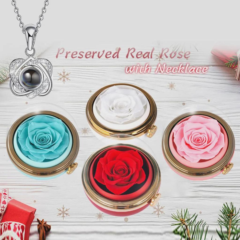 Rotating Rose Gift Box with Necklace and Ring - Valentine's Day Eternal Flower Jewelry Box
