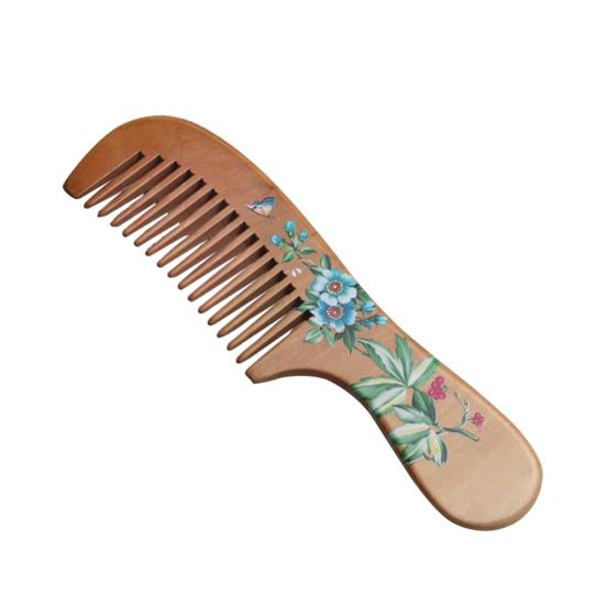 Painted Flower Peach Wood Healthy Scalp Comb Hair Massage Anti-Static Care Tool