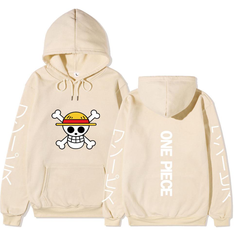 One Piece Straw Hat Jolly Roger Hoodie, Japanese Letter Sleeve Print Pullover Sweatshirt Unisex Casual Streetwear