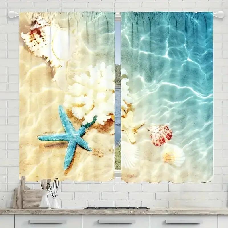 Colorful shell and starfish pattern printed curtains   bedroom and living room decoration   home decoration   room decoration