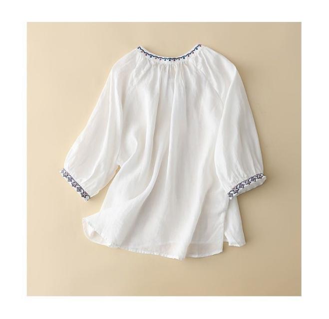 Sommer Damen Besticktes V-Ausschnitt Siebenviertelärmel T-Shirt Für Damen