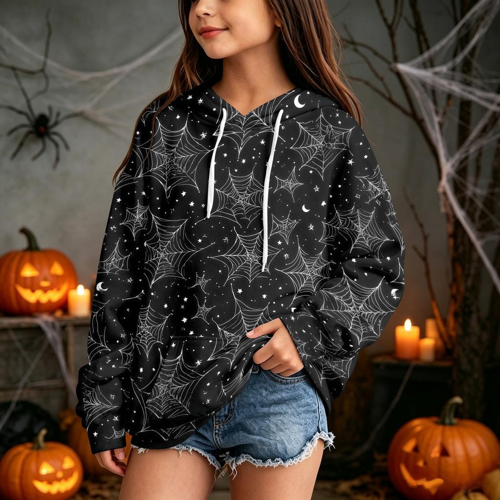 Kids Casual Hooded Sweatshirt with Halloween Print Pullover for Daily Wear